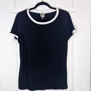 Anne Klein Navy Blue Dress Top White Trim Collar & Sleeves Button Down Back M